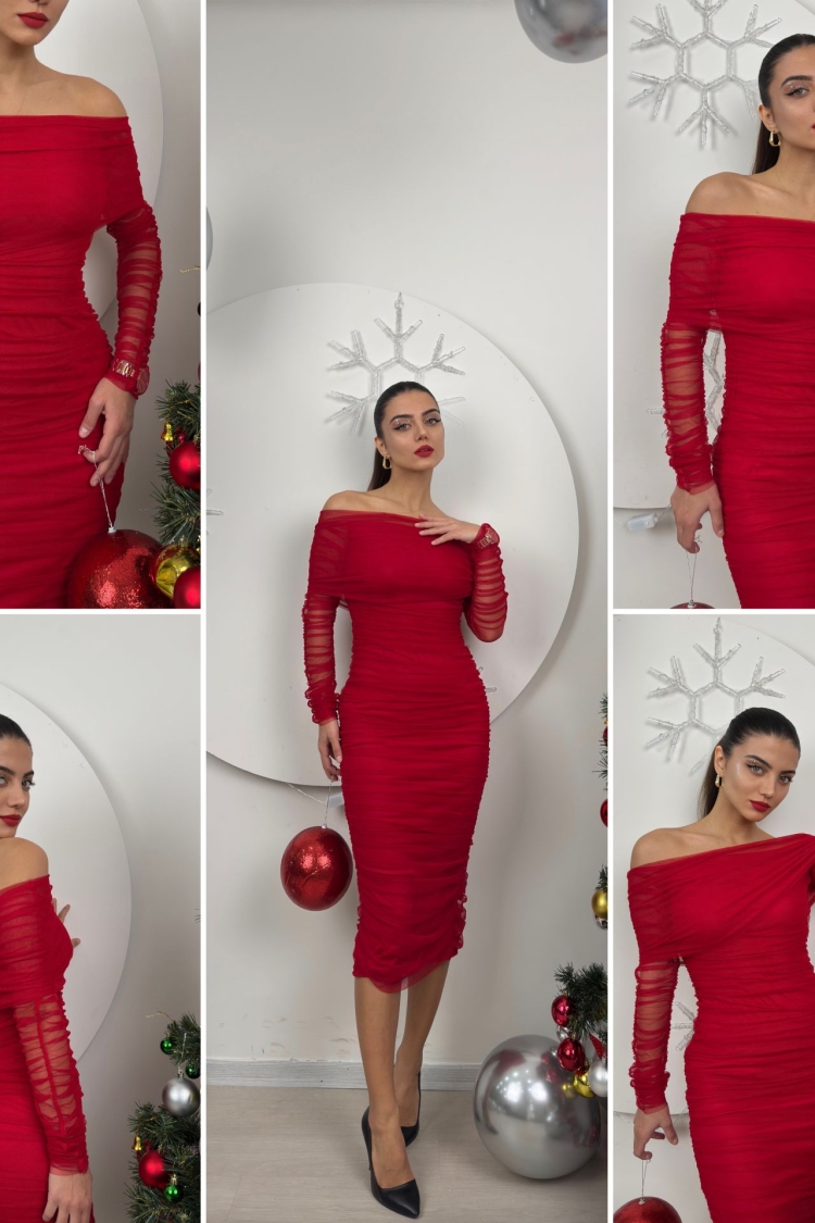 Strapless Ruffle Long Sleeve Tulle Dress