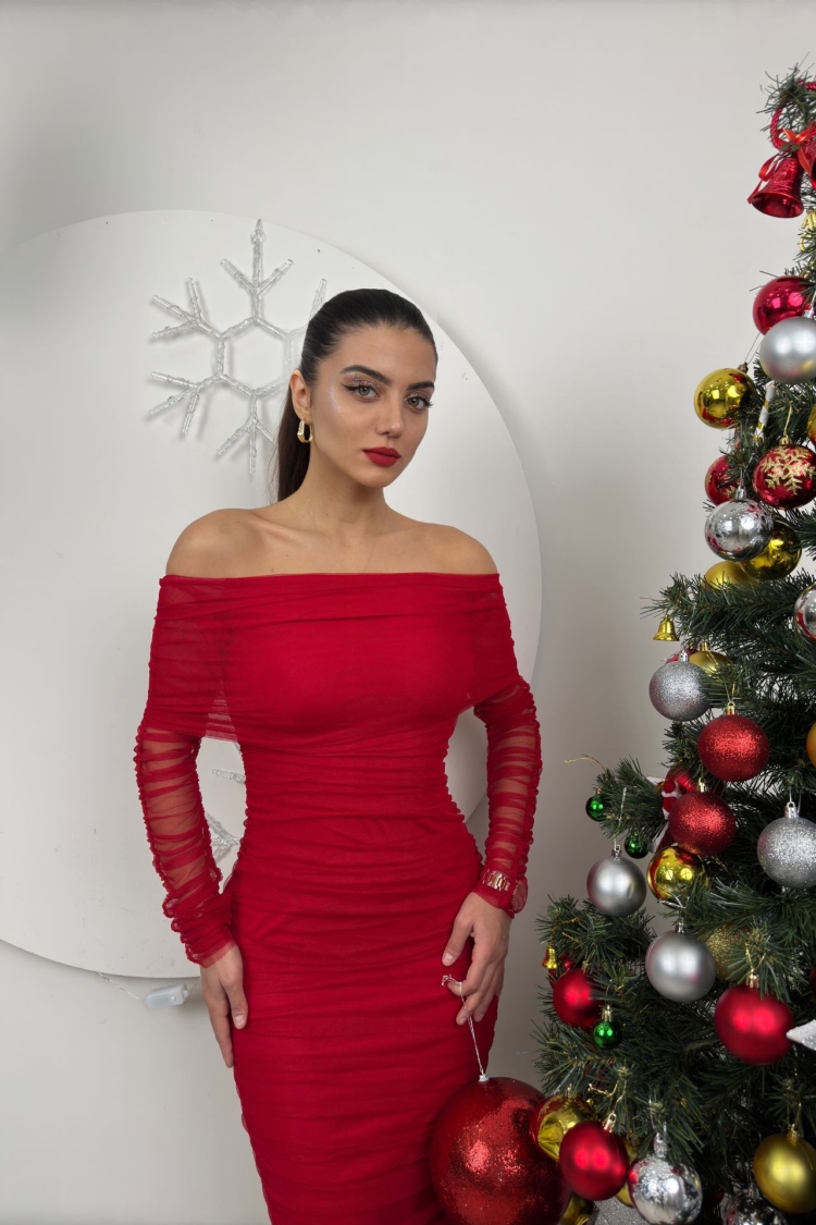 Strapless Ruffle Long Sleeve Tulle Dress - Miss Janell - Globality Store - Women Clothes Wholesale Turkey