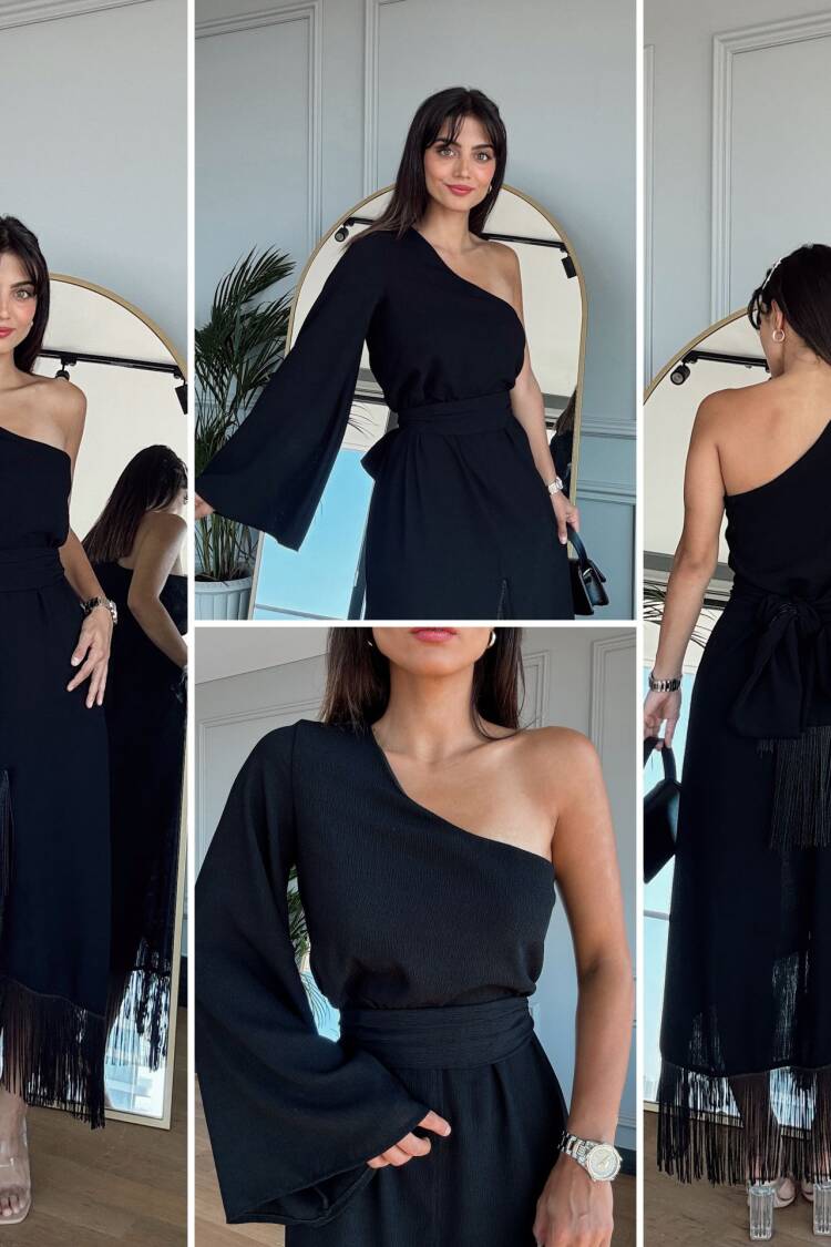One Shoulder Crinkle Fringe Dress