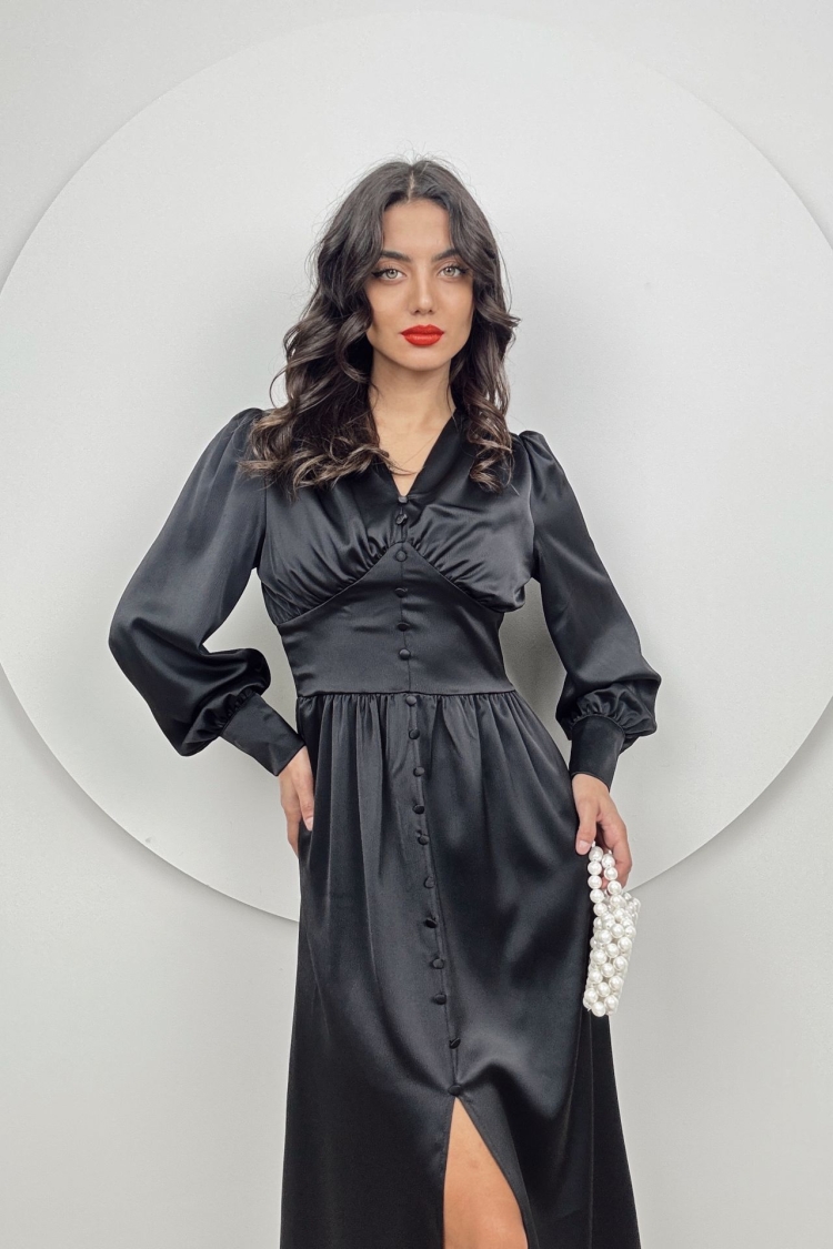 Ögüs Ruffle Front Buttoned Satin Dress