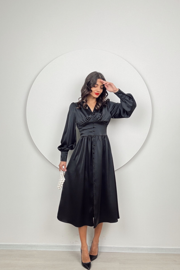 Ögüs Ruffle Front Buttoned Satin Dress