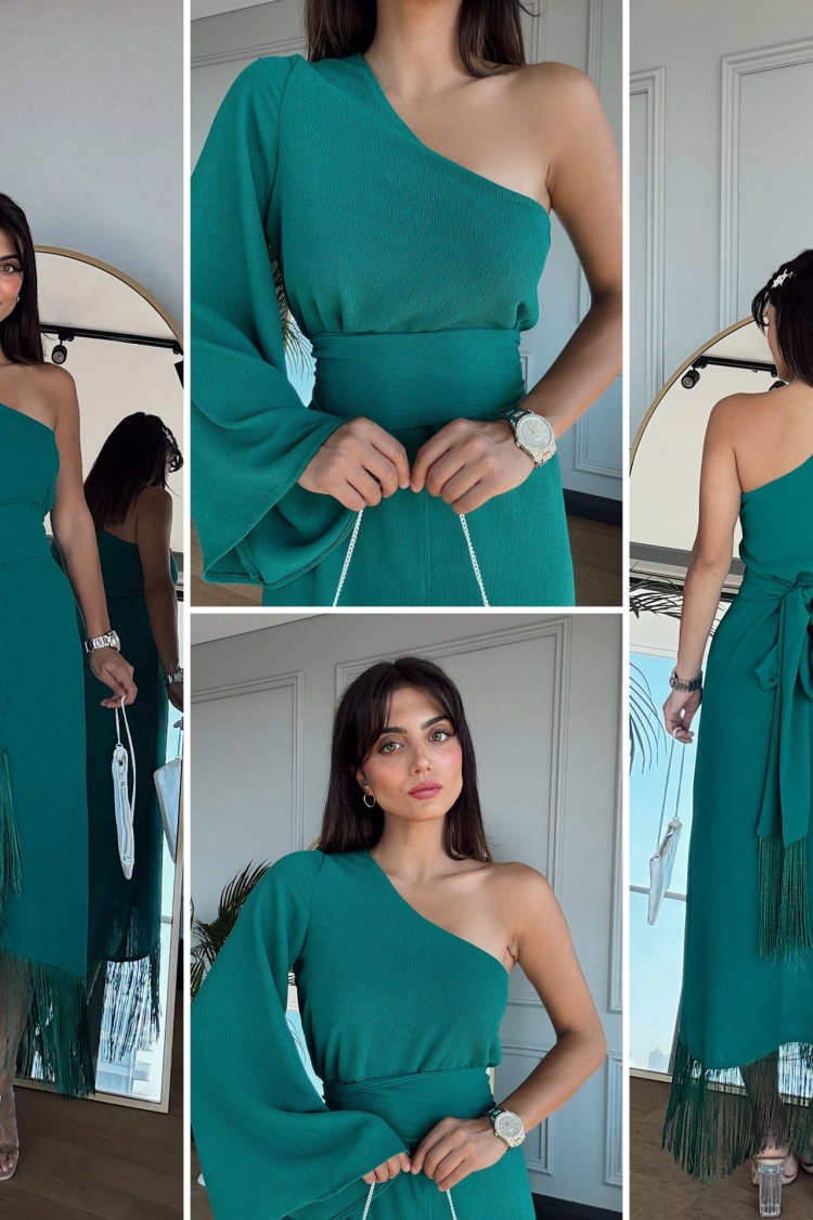 One Shoulder Crinkle Fringe Dress