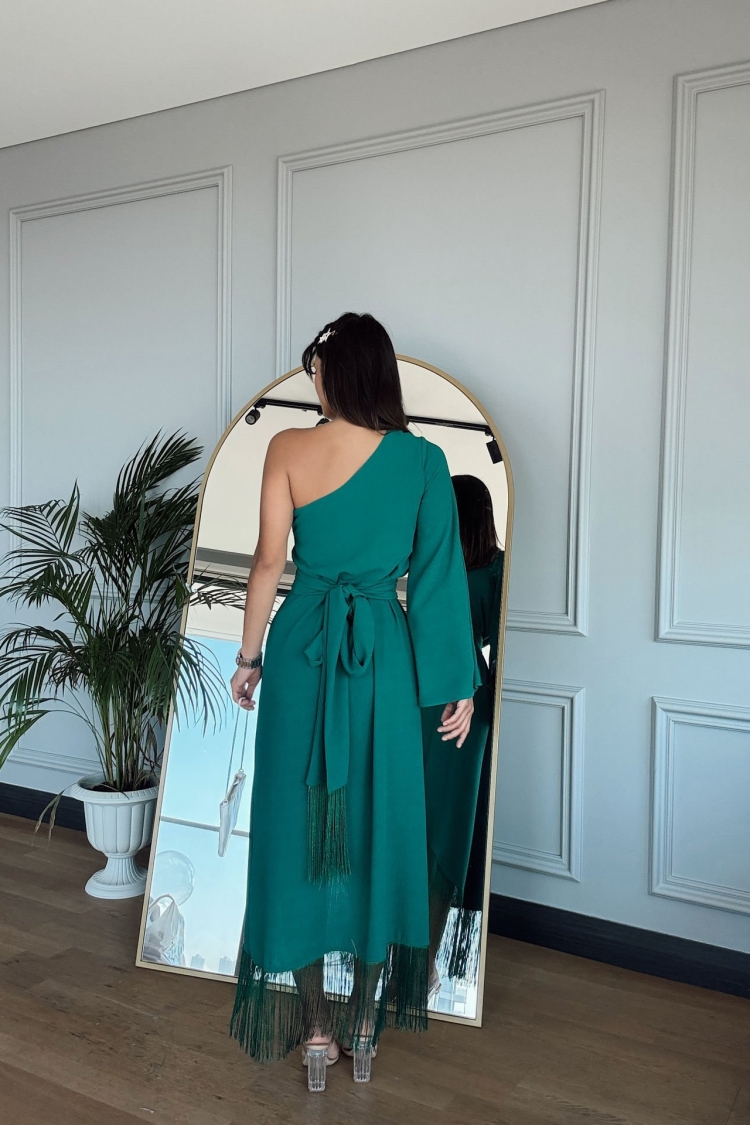 One Shoulder Crinkle Fringe Dress