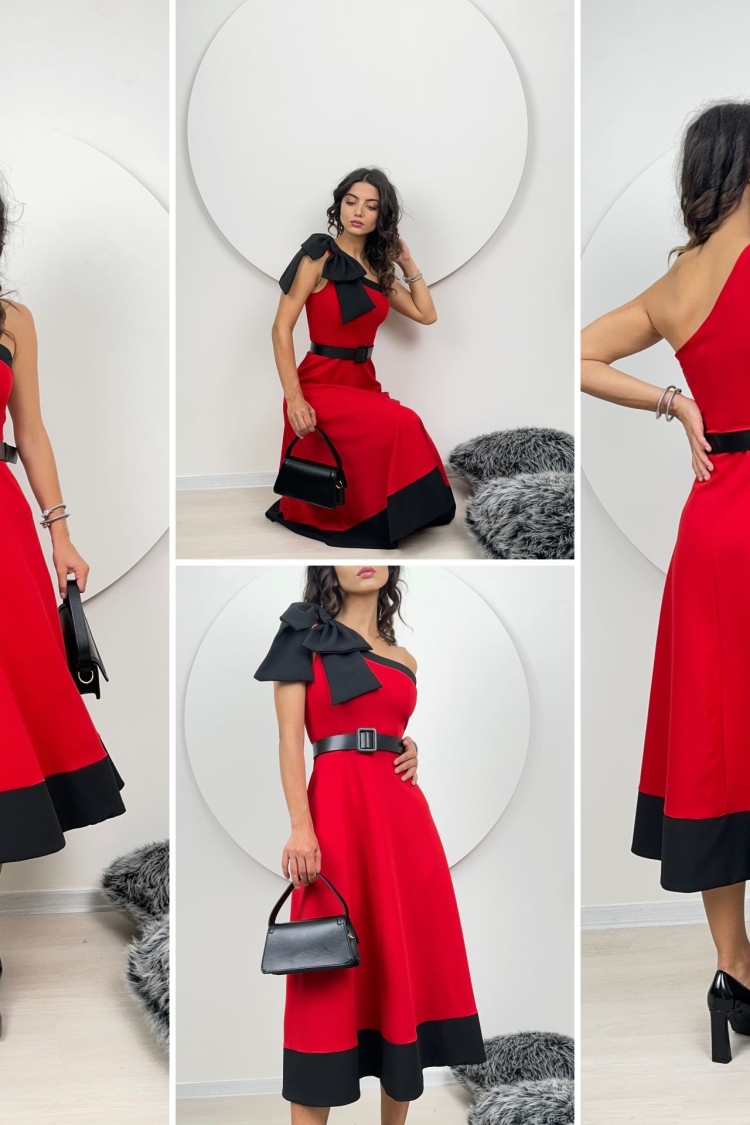 One Shoulder Bow Belted Dress