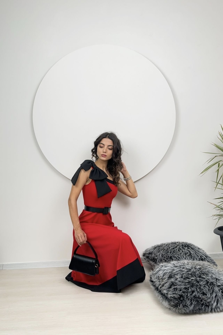 One Shoulder Bow Belted Dress