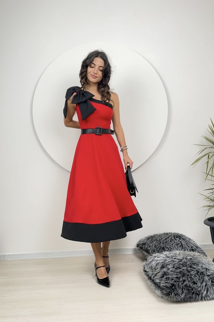 One Shoulder Bow Belted Dress - Miss Janell - Globality Store - Women Clothes Wholesale Turkey
