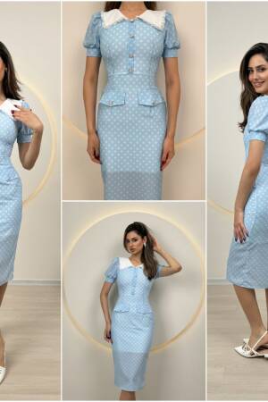 Collar Lace Detail Polka Dot Dress - Miss Janell - Globality Store - Women Clothes Wholesale Turkey
