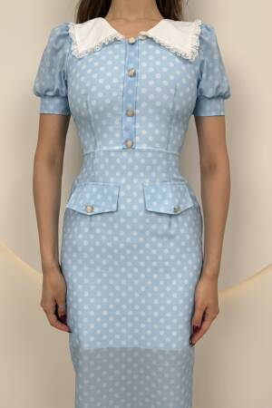 Collar Lace Detail Polka Dot Dress - Miss Janell - Globality Store - Women Clothes Wholesale Turkey