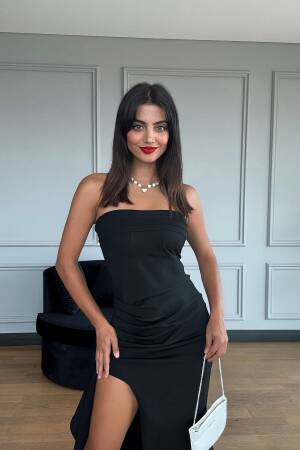 Slit Strapless Atlas Dress - Miss Janell - Globality Store - Women Clothes Wholesale Turkey
