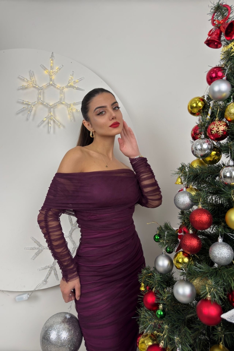 Strapless Ruffle Long Sleeve Tulle Dress