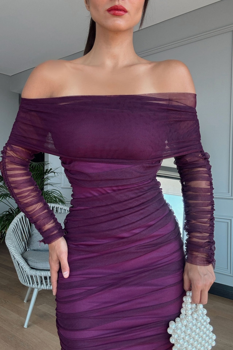 Strapless Ruffle Long Sleeve Tulle Dress