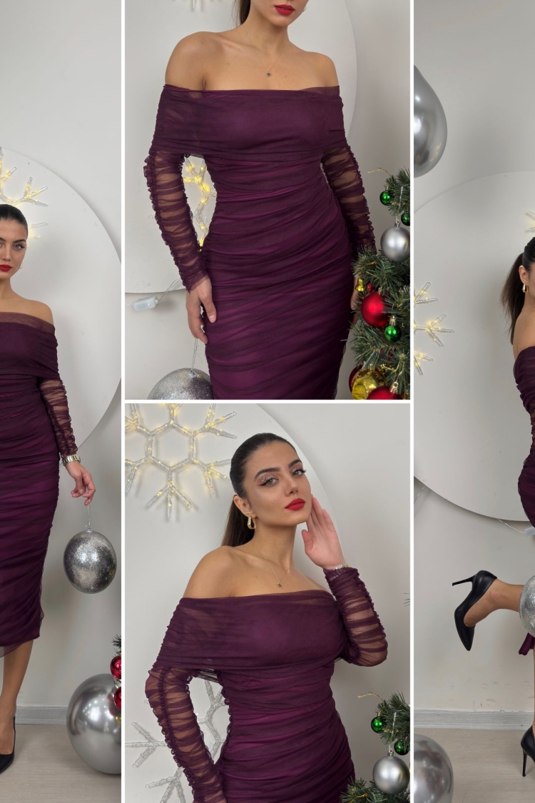Strapless Ruffle Long Sleeve Tulle Dress