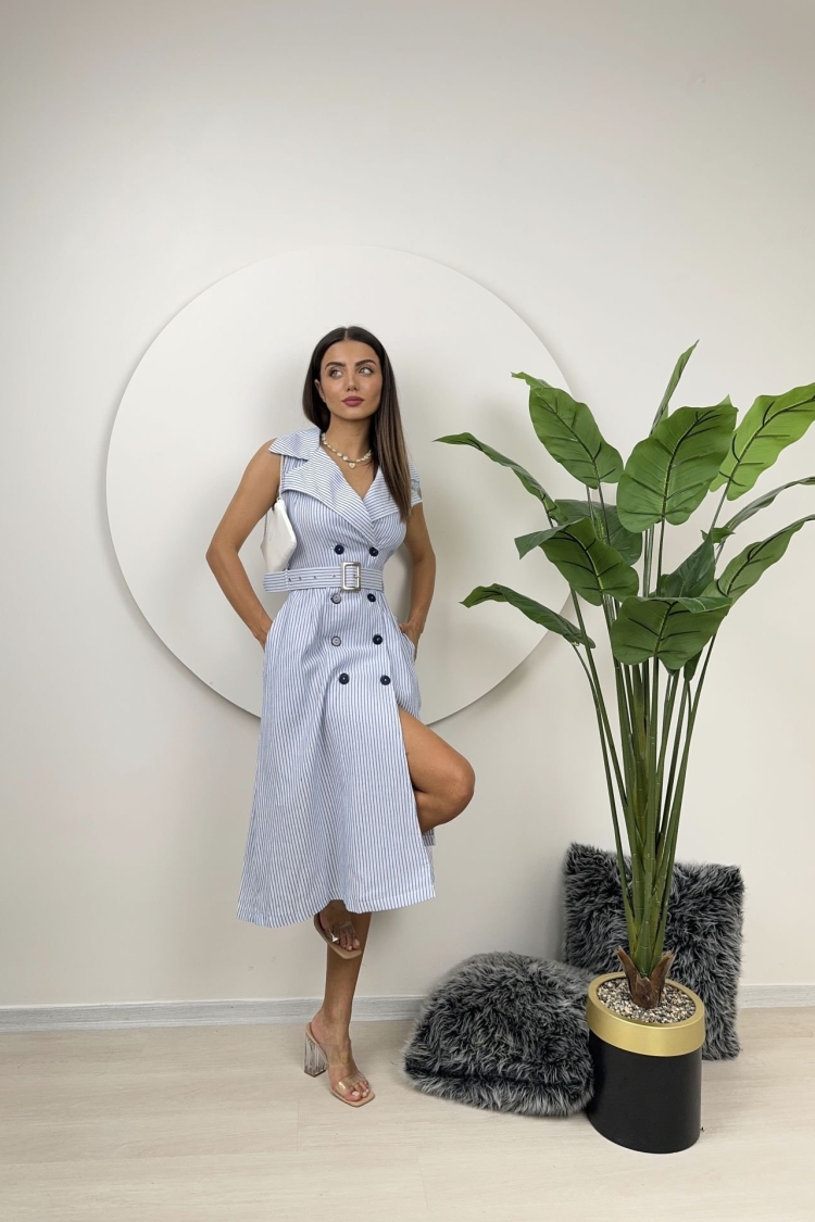 Striped Belt Detail Linen Dress