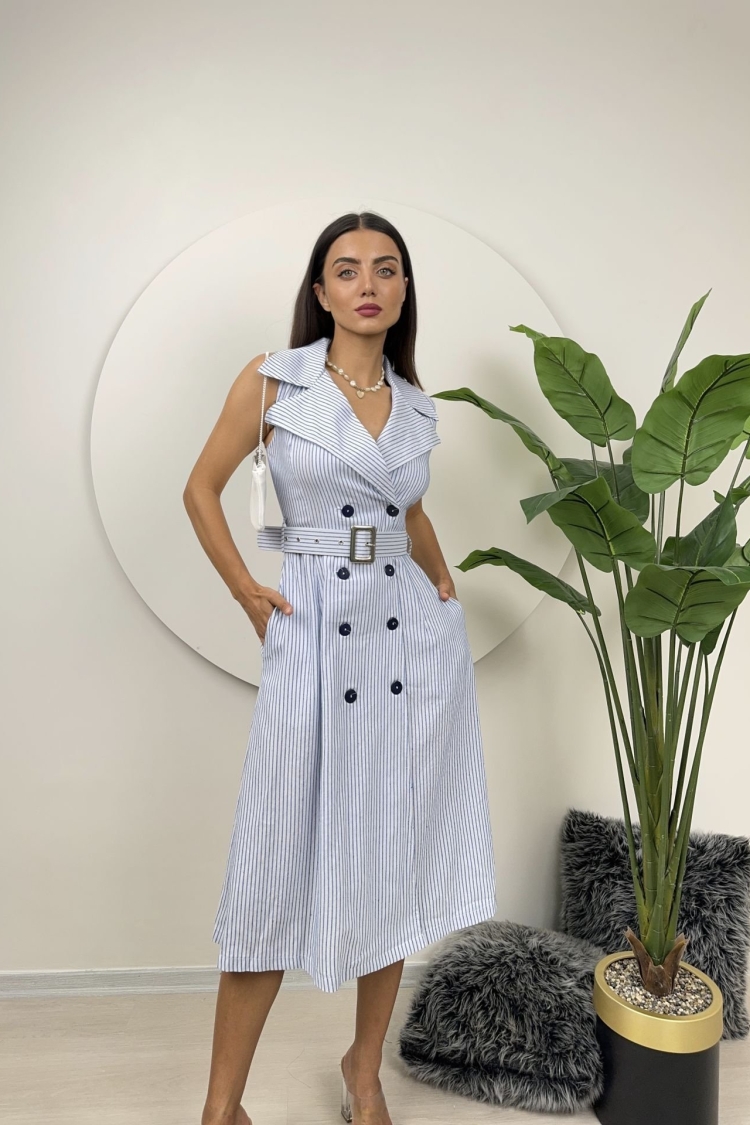 Striped Belt Detail Linen Dress
