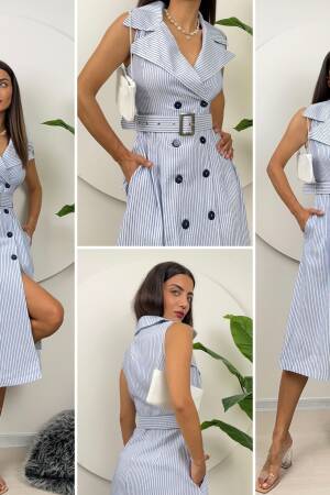 Striped Belt Detail Linen Dress - Miss Janell - Globality Store - Women Clothes Wholesale Turkey