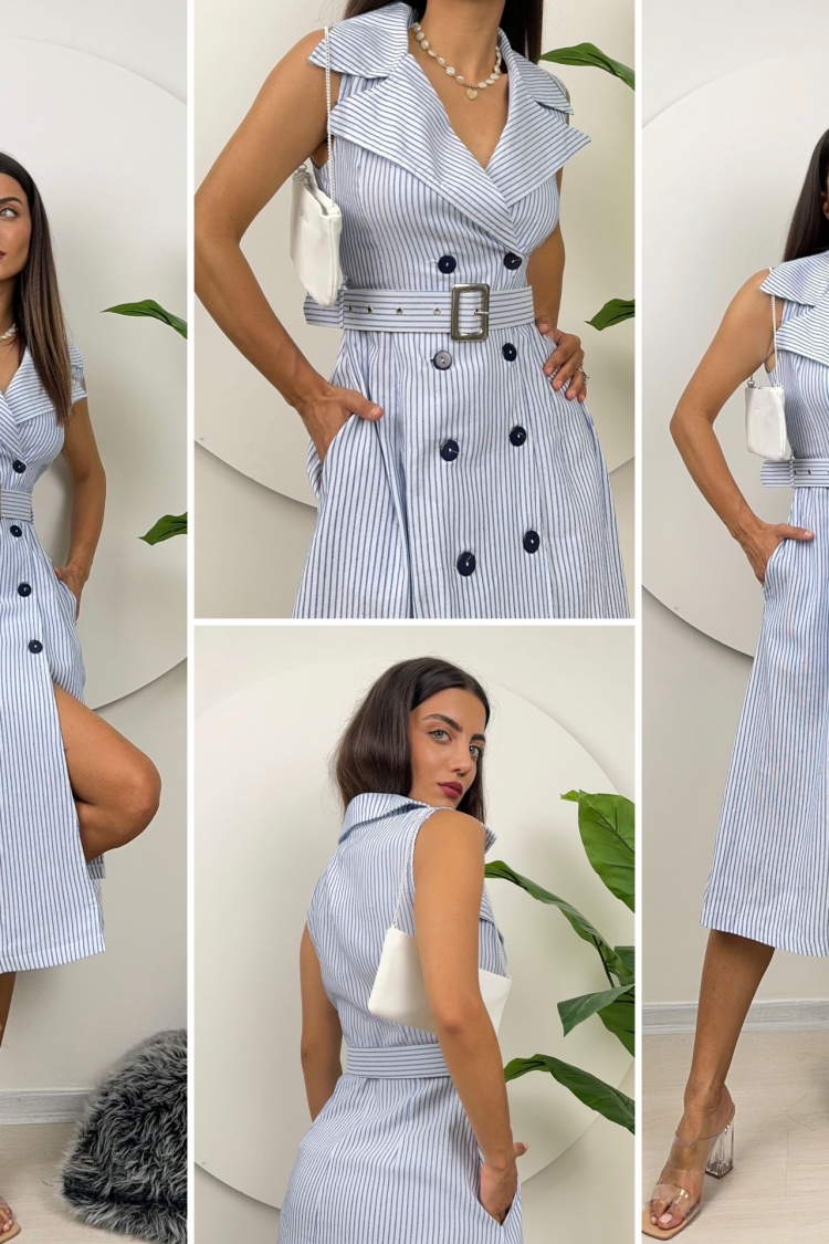 Striped Belt Detail Linen Dress