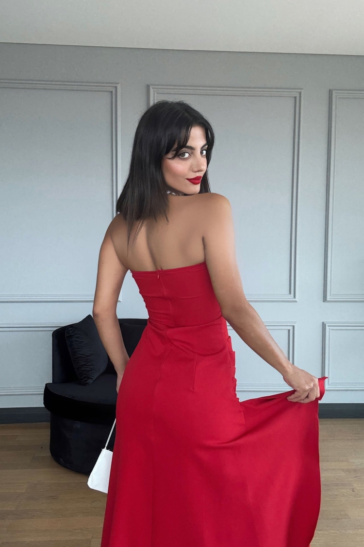 Slit Strapless Atlas Dress