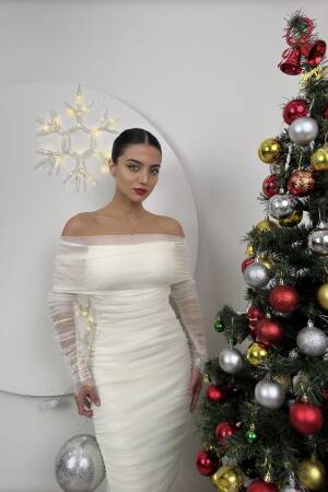 Strapless Ruffle Long Sleeve Tulle Dress - Miss Janell - Globality Store - Women Clothes Wholesale Turkey