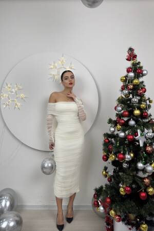 Strapless Ruffle Long Sleeve Tulle Dress - Miss Janell - Globality Store - Women Clothes Wholesale Turkey