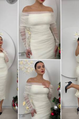 Strapless Ruffle Long Sleeve Tulle Dress - Miss Janell - Globality Store - Women Clothes Wholesale Turkey