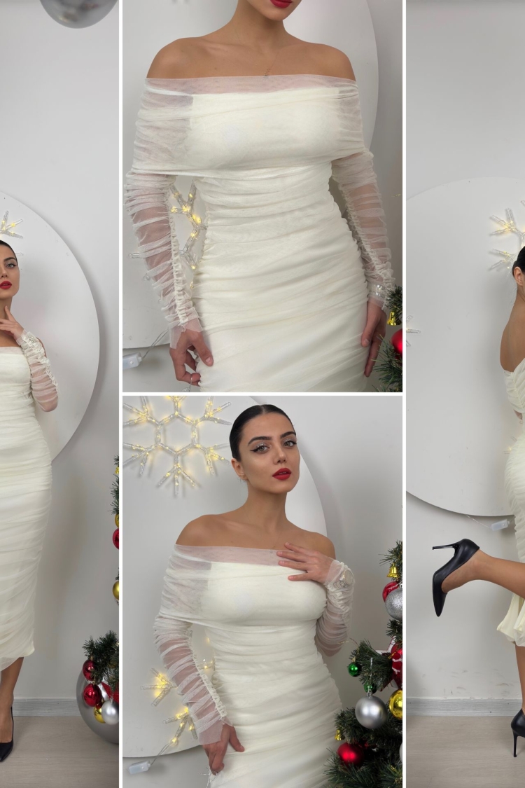 Strapless Ruffle Long Sleeve Tulle Dress