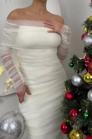 Strapless Ruffle Long Sleeve Tulle Dress - Miss Janell - Globality Store - Women Clothes Wholesale Turkey