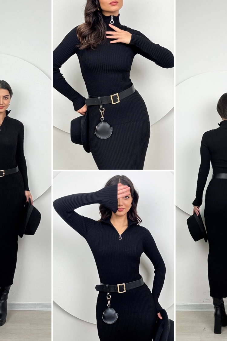 Slim Fit Long Knitwear Dress With Neck Zipper