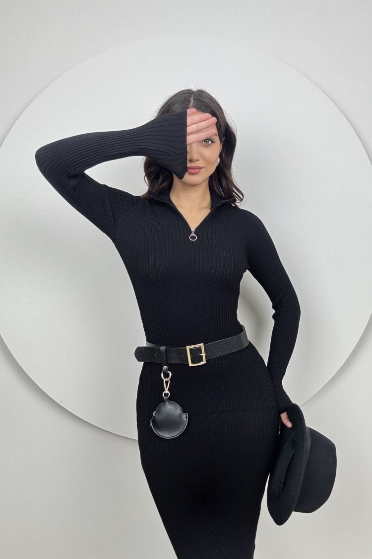 Slim Fit Long Knitwear Dress With Neck Zipper