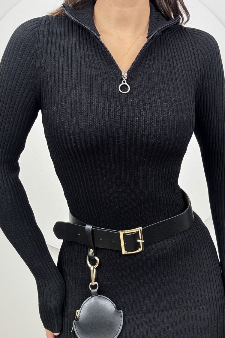 Slim Fit Long Knitwear Dress With Neck Zipper