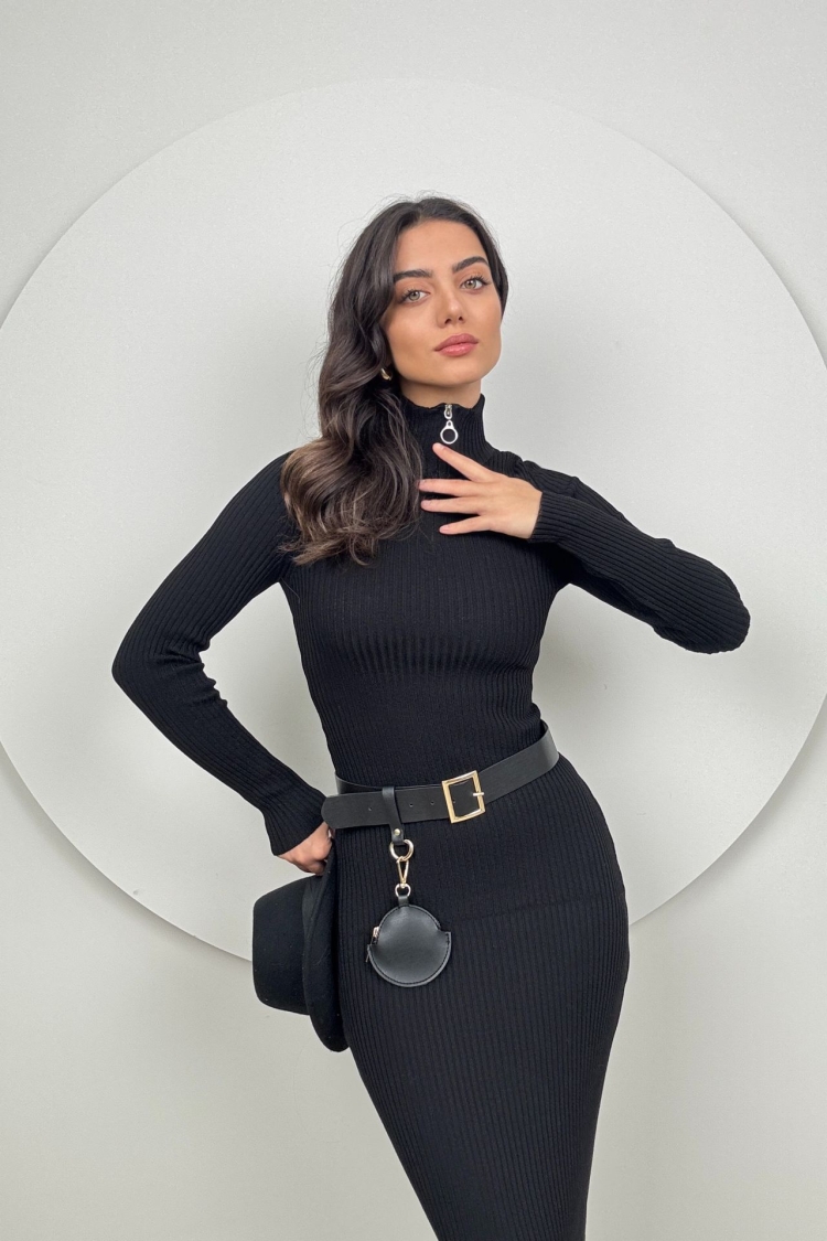 Slim Fit Long Knitwear Dress With Neck Zipper - Miss Janell - Globality Store - Women Clothes Wholesale Turkey