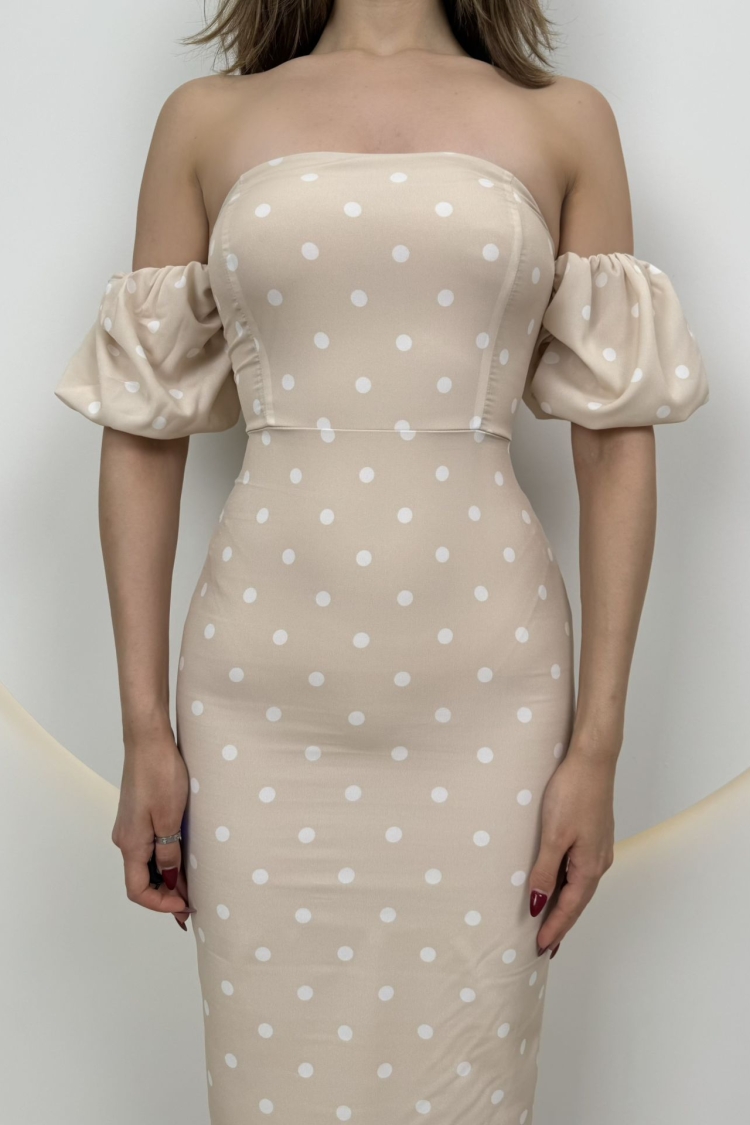 Polka Dot Pattern Balloon Sleeve Crepe Dress
