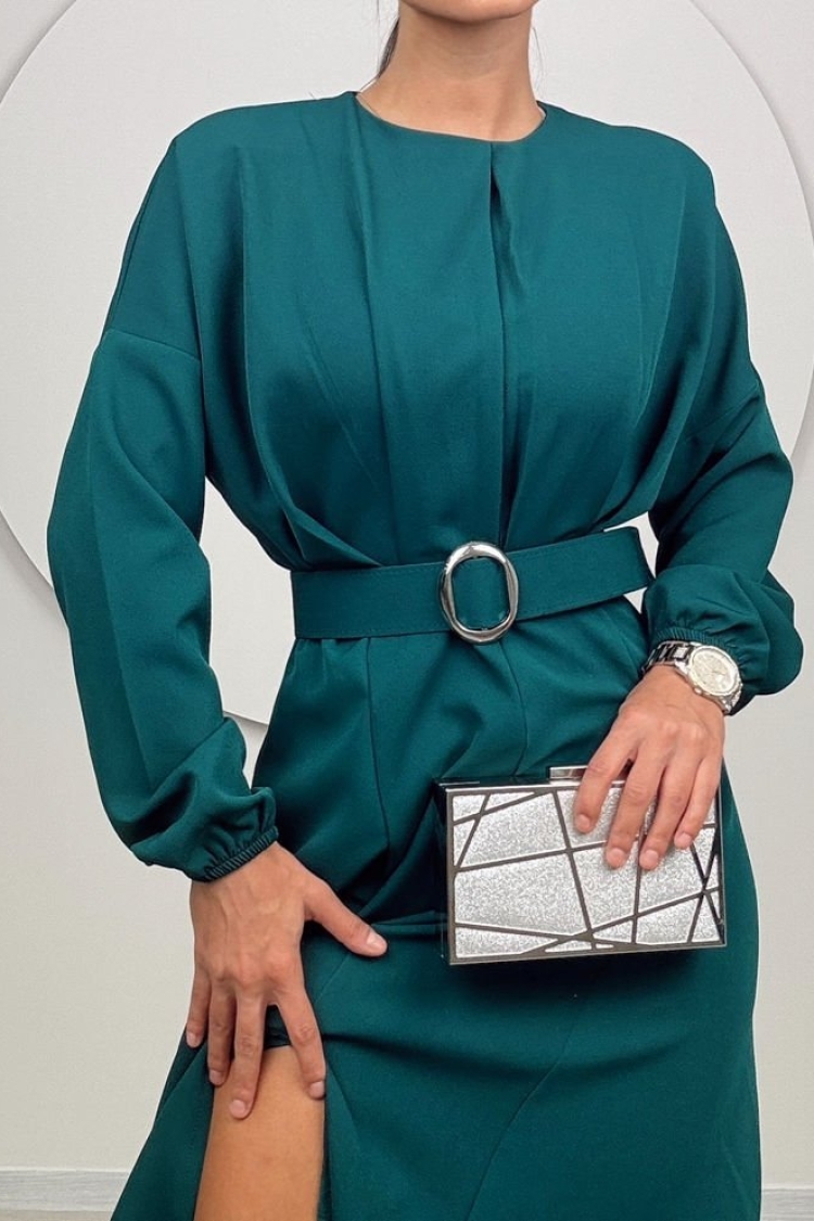 Long Dress With Pleated Belt
