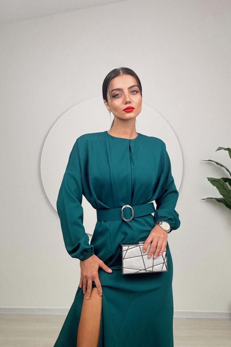 Long Dress With Pleated Belt - Miss Janell - Globality Store - Women Clothes Wholesale Turkey