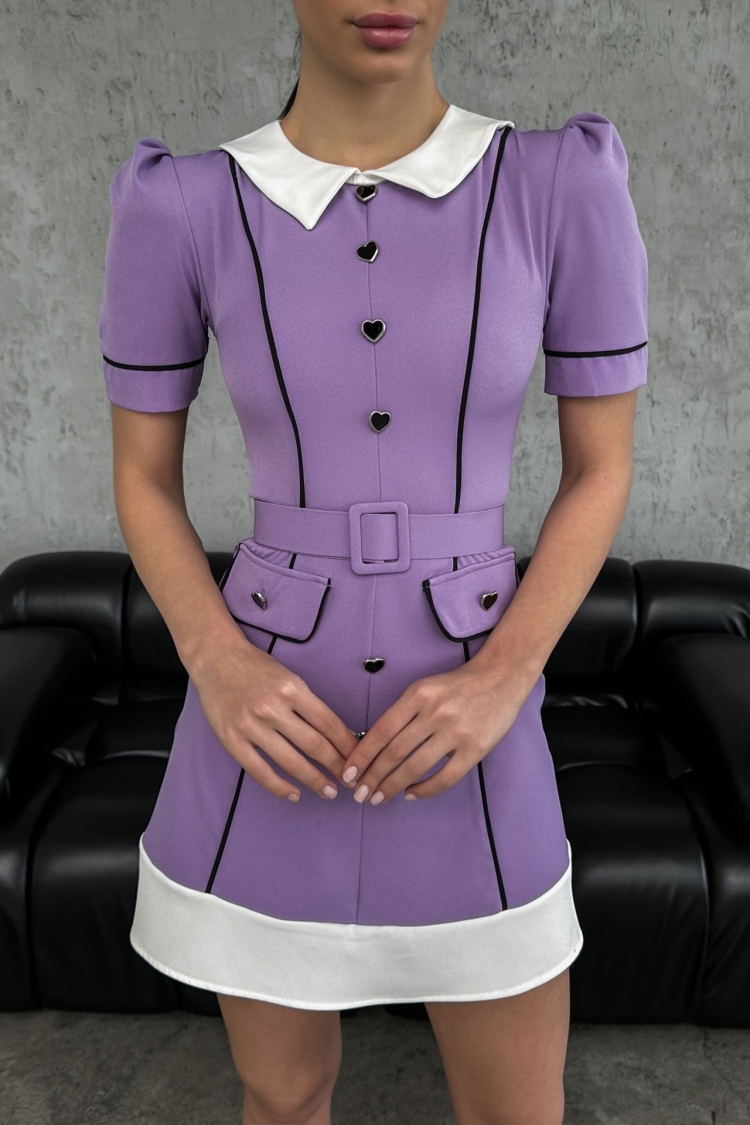 Garnished Heart Button Belted Dress