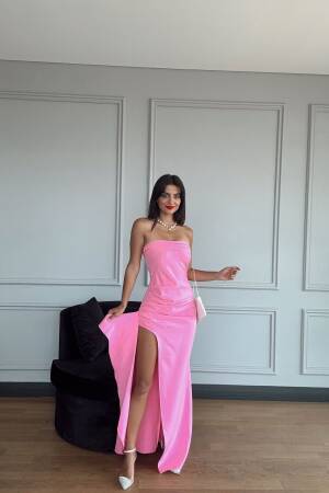 Slit Strapless Atlas Dress - Miss Janell - Globality Store - Women Clothes Wholesale Turkey