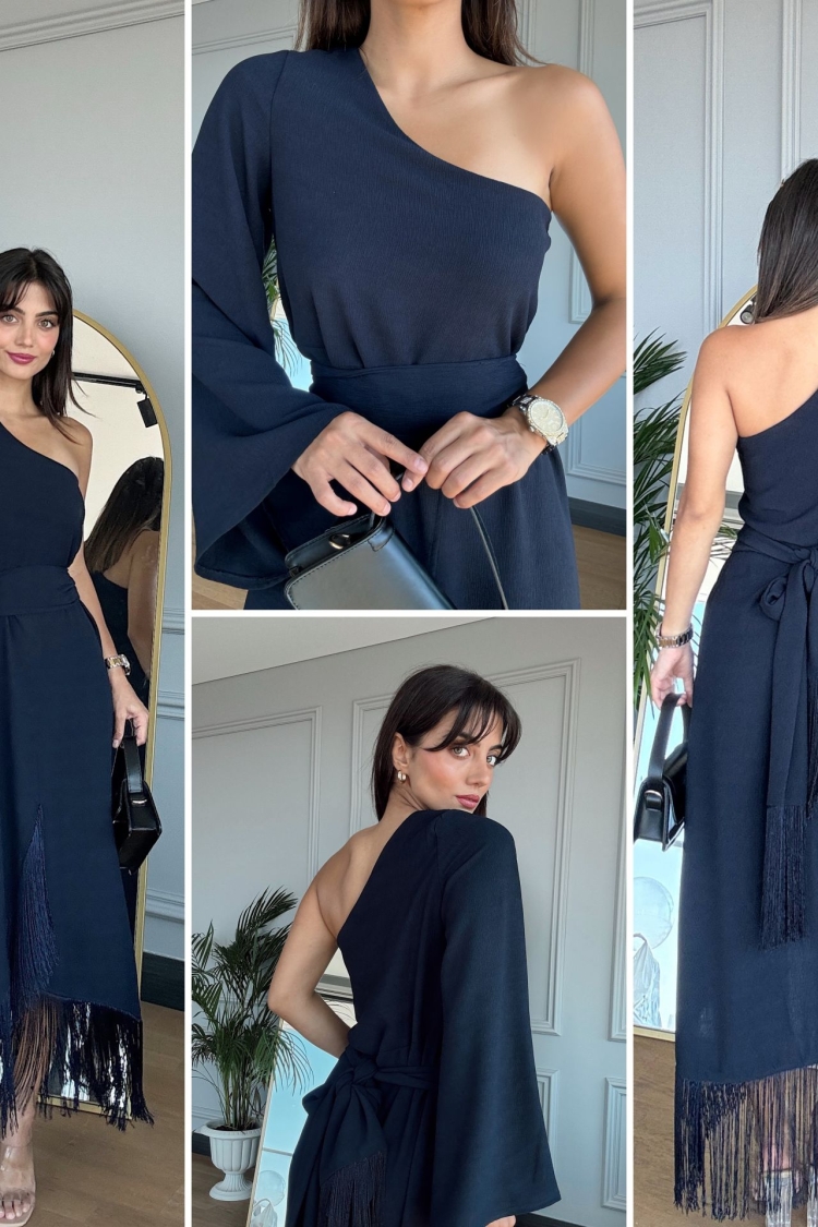 One Shoulder Crinkle Fringe Dress