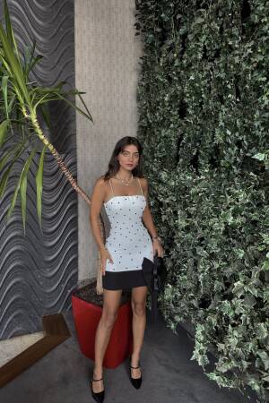 Pearl Striped Bow Detail Strapless Mini Dress - Miss Janell - Globality Store - Women Clothes Wholesale Turkey