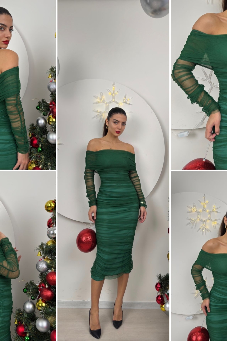 Strapless Ruffle Long Sleeve Tulle Dress