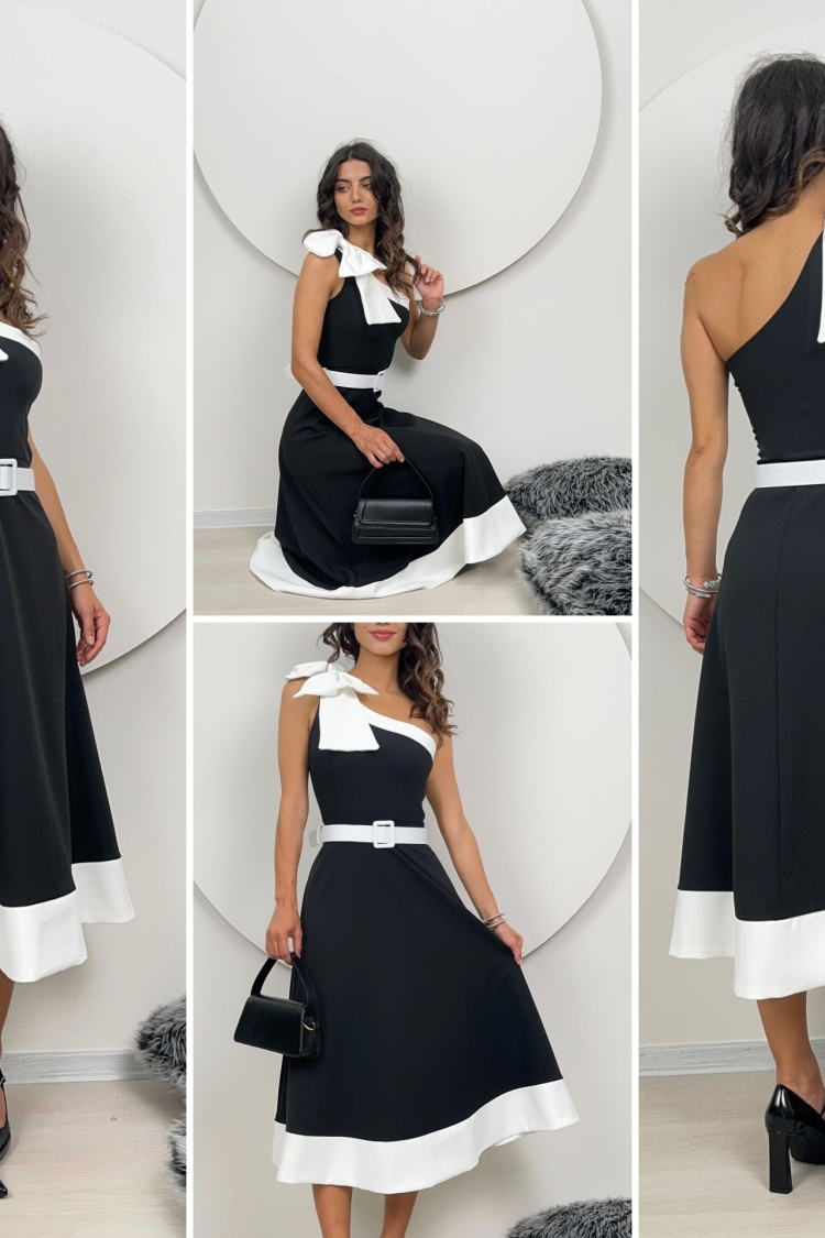 One Shoulder Bow Belted Dress