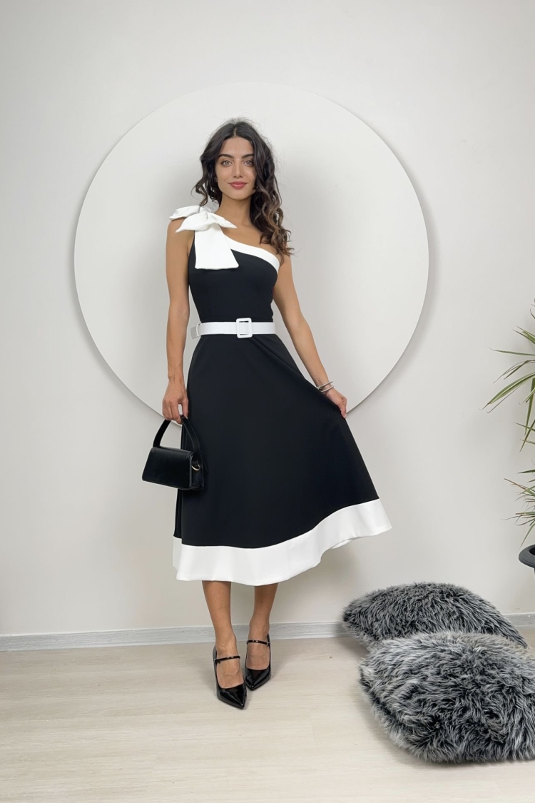 One Shoulder Bow Belted Dress - Miss Janell - Globality Store - Women Clothes Wholesale Turkey