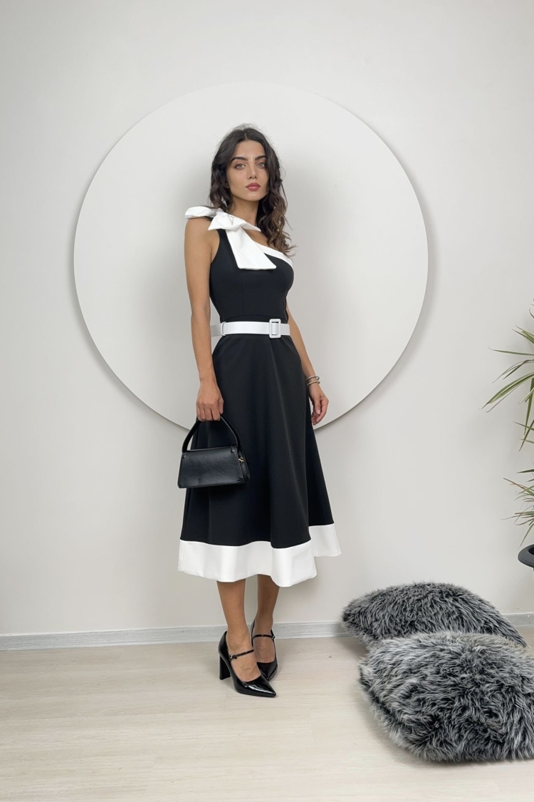 One Shoulder Bow Belted Dress