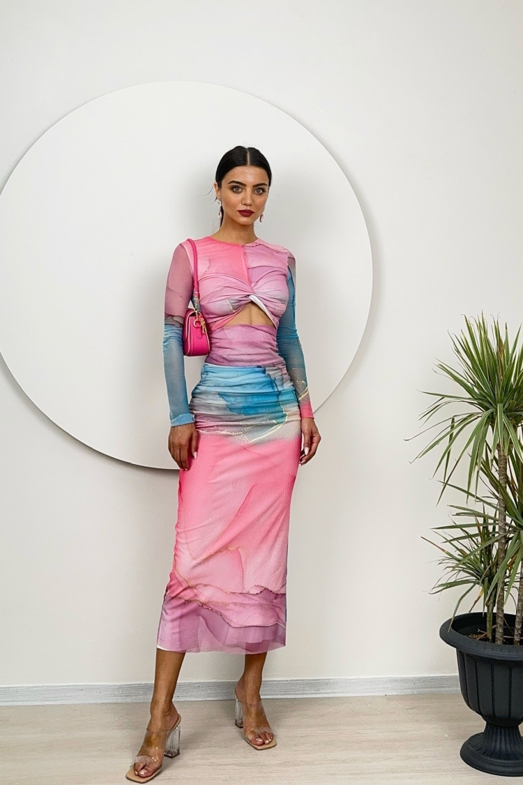 Tulle Fabric Printed Dress - Miss Janell - Globality Store - Women Clothes Wholesale Turkey