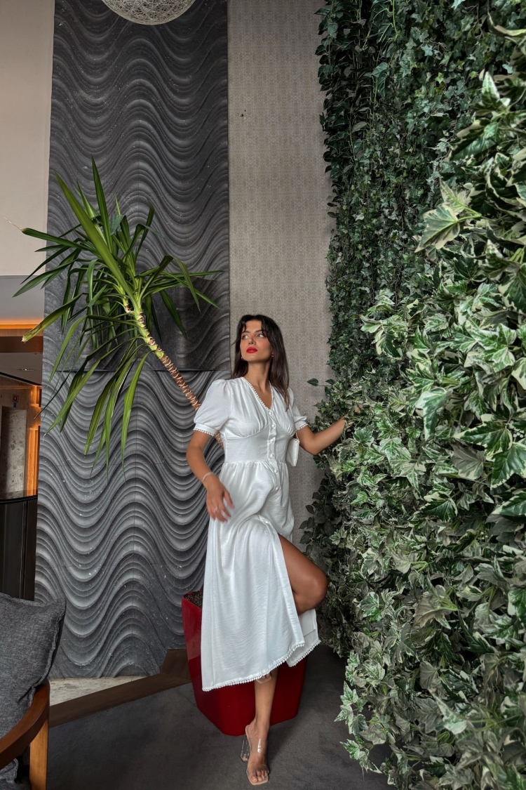 Shile Cloth Lace Detailed Balloon Sleeve Long Dress