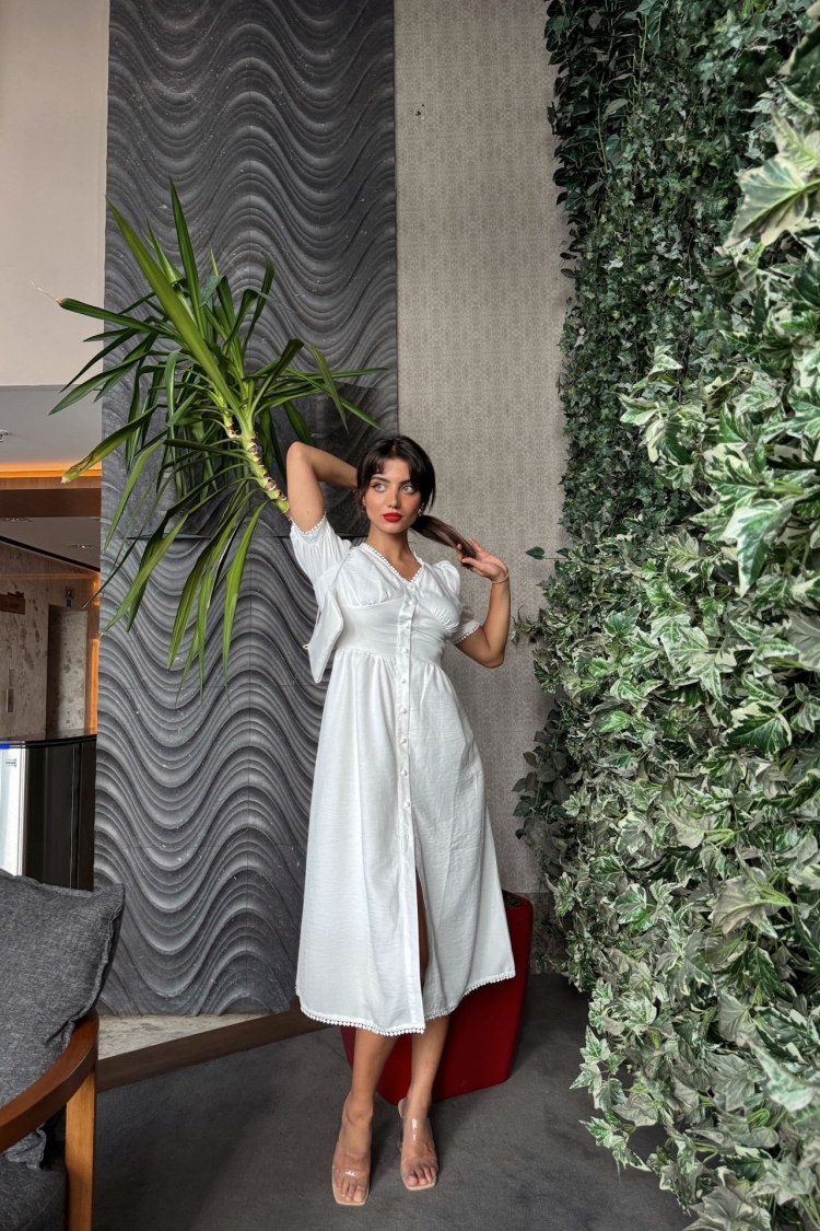 Shile Cloth Lace Detailed Balloon Sleeve Long Dress - Miss Janell - Globality Store - Women Clothes Wholesale Turkey