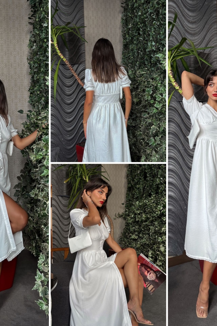 Shile Cloth Lace Detailed Balloon Sleeve Long Dress