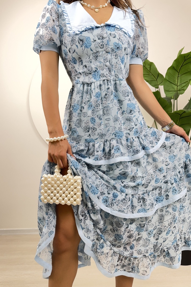 Chiffon Patterned Floor Dress - Miss Janell - Globality Store - Women Clothes Wholesale Turkey