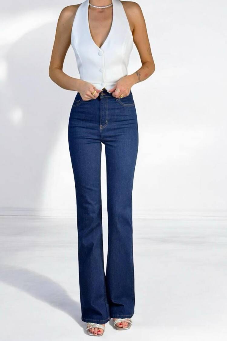 High Waist Half Spanish Leg Rinse Jeans - Navy - LACARINO - Globality Store - Women Clothes Wholesale Turkey
