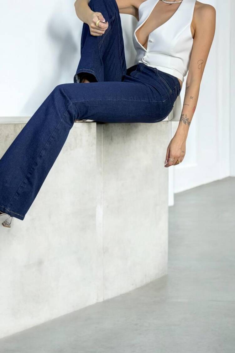 High Waist Half Spanish Leg Rinse Jeans - Navy