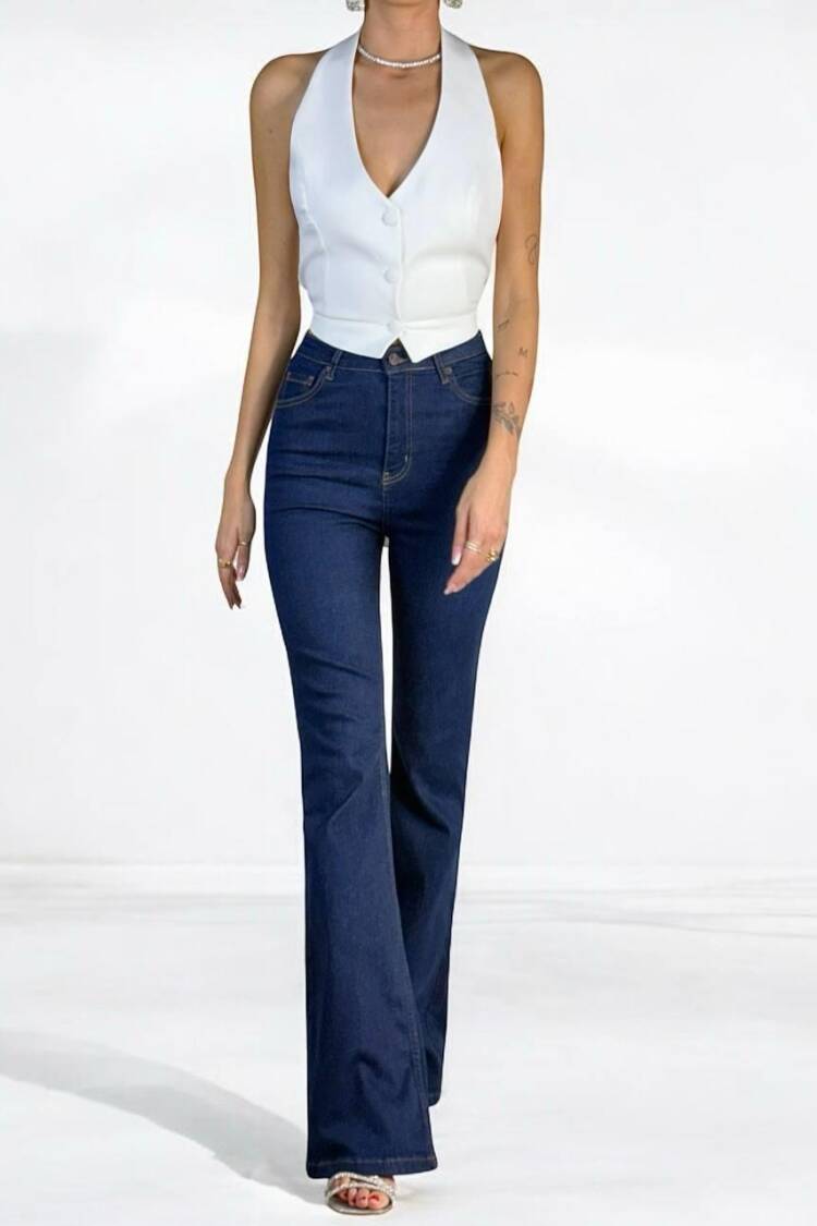 High Waist Half Spanish Leg Rinse Jeans - Navy
