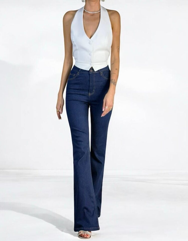 High Waist Half Spanish Leg Rinse Jeans - Navy